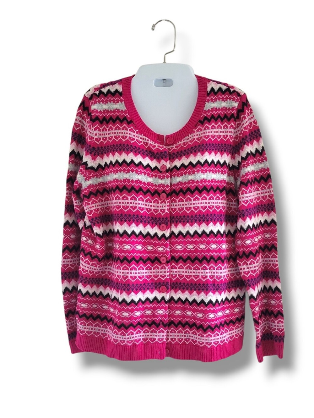 Talbots | Pink Fair Isle Button Front Long Sleeve Knit Cardigan (SIZE MP)